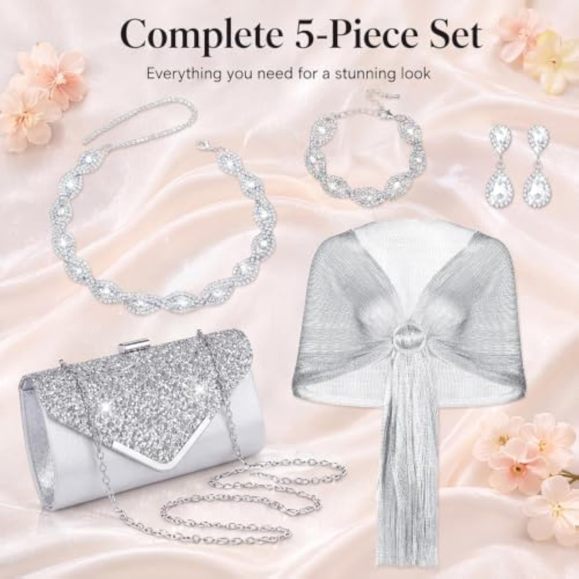 5pc Rhinestone Jewelry Set with Scarf & Clutch for Women